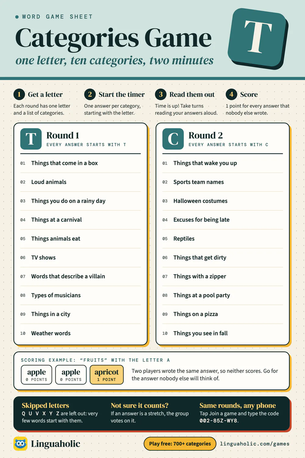 Categories game sheet with two ready rounds, each with a letter and ten categories, plus how to play and how to score