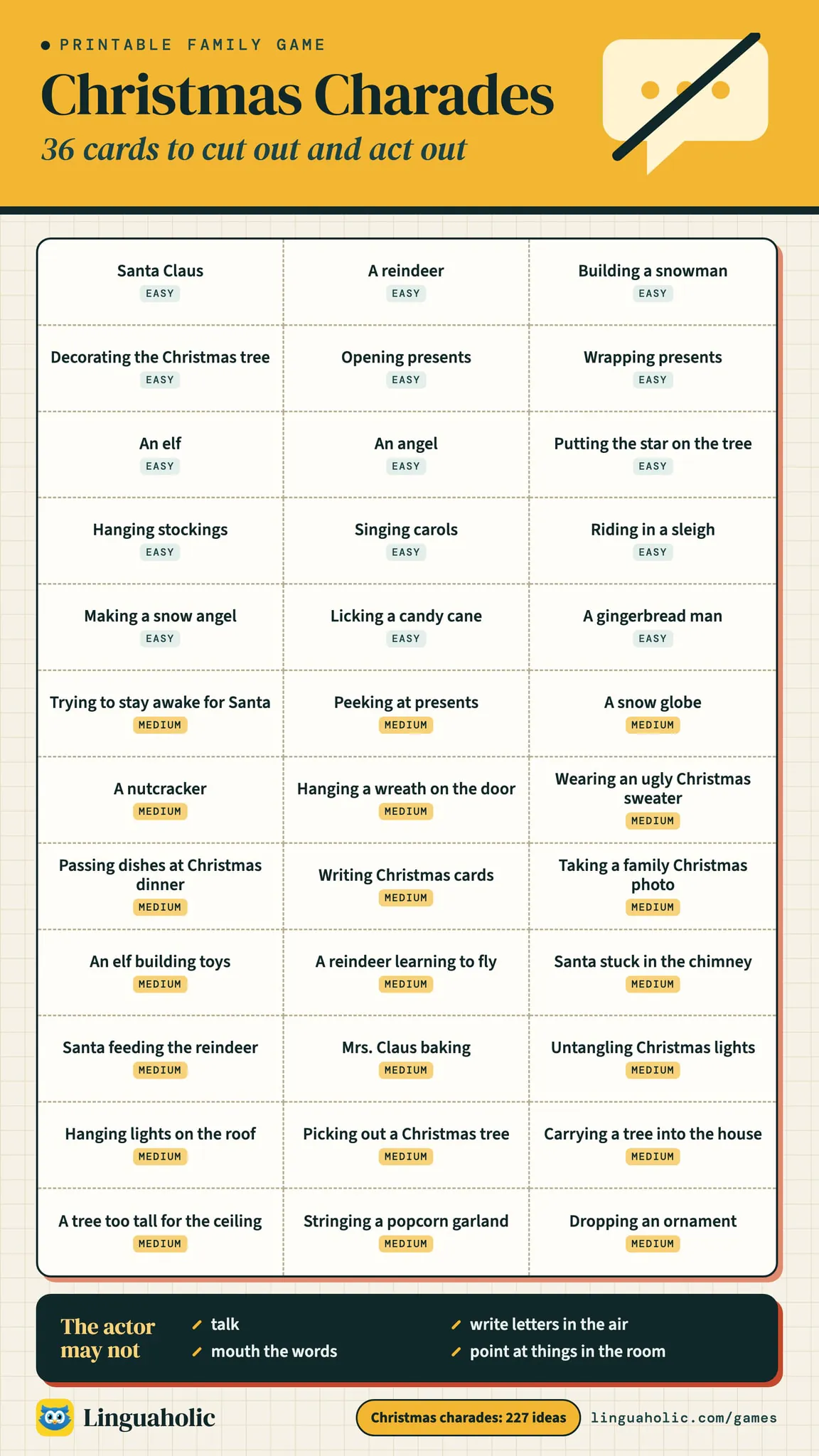 Printable sheet of 36 Christmas charades cards to cut out, 15 easy and 21 medium, each marked with its level, with what the actor may not do