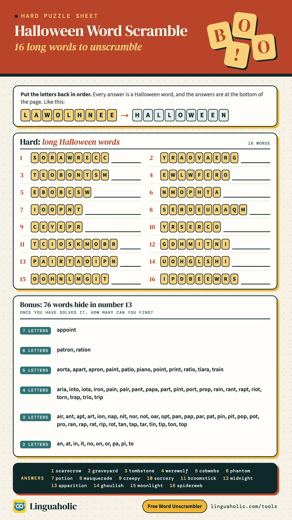 Halloween word scramble with 16 long words: each word is drawn as letter tiles in mixed-up order next to a line for the answer, such as YRADVAERG for graveyard, with all the answers at the bottom, and a bonus list of the 76 words hidden in one of the answers