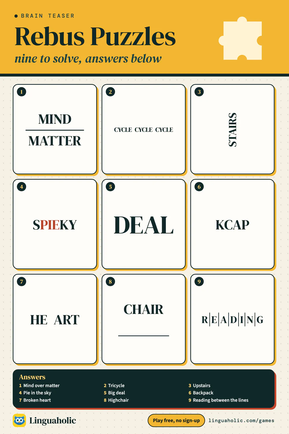 Nine rebus puzzles with answers, numbered, from mind over matter to tricycle, with the answers in a strip at the bottom